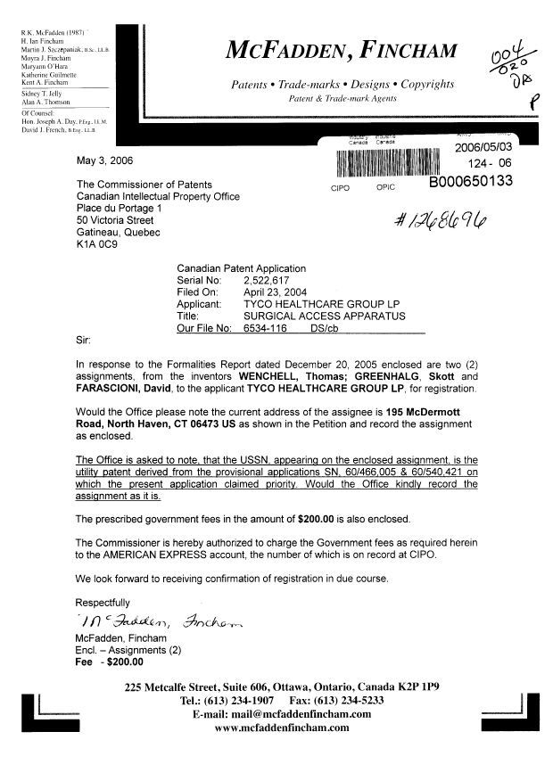 Canadian Patent Document 2522617. Correspondence 20060503. Image 1 of 1