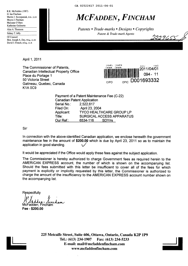 Document de brevet canadien 2522617. Taxes 20110401. Image 1 de 1