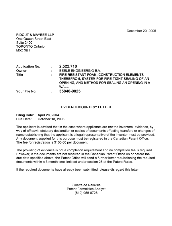 Canadian Patent Document 2522710. Correspondence 20051213. Image 1 of 1