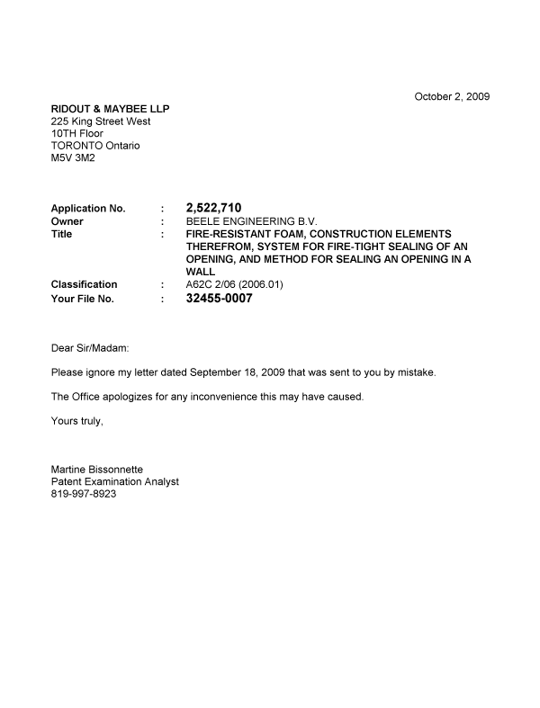 Canadian Patent Document 2522710. Correspondence 20091002. Image 1 of 1