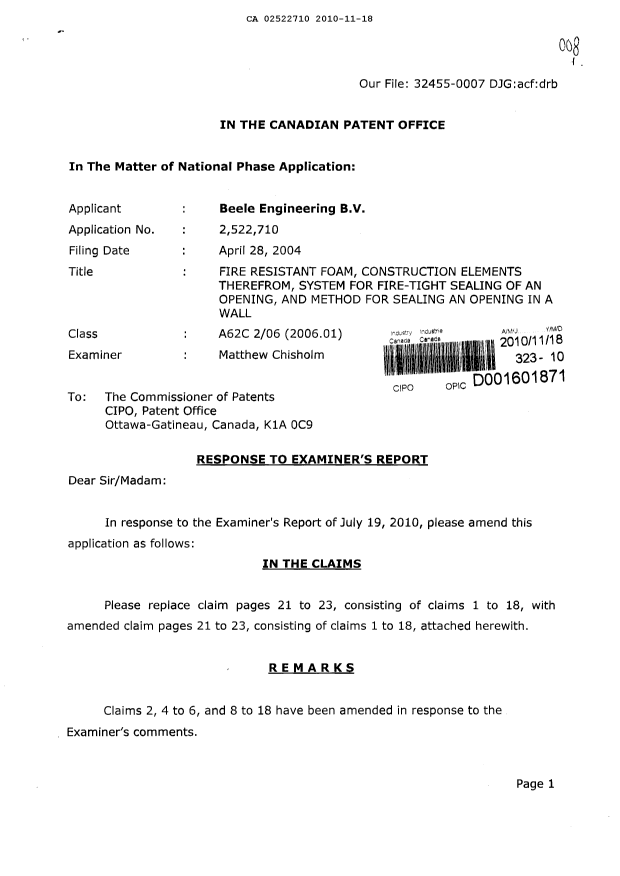 Canadian Patent Document 2522710. Prosecution-Amendment 20101118. Image 1 of 6