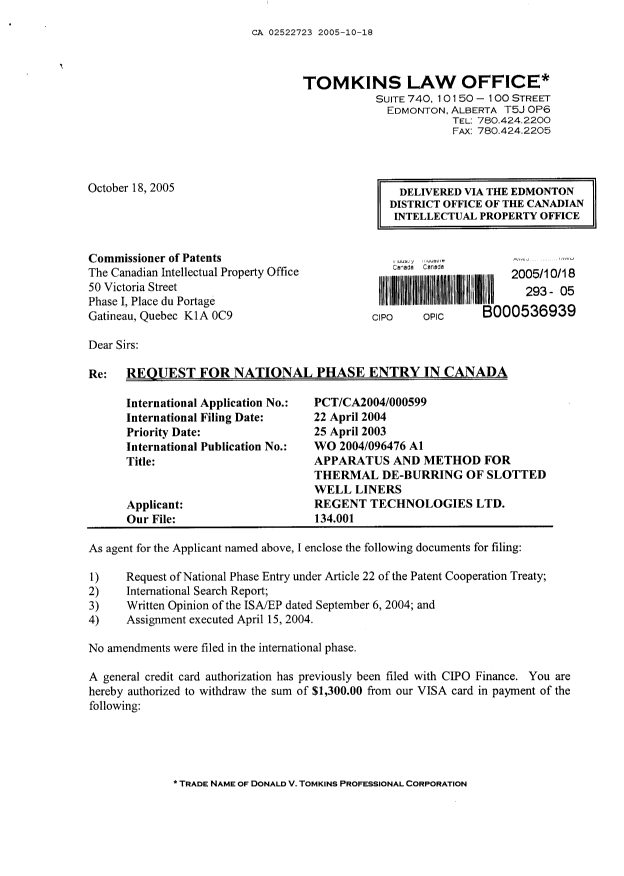 Document de brevet canadien 2522723. Cession 20051018. Image 1 de 5