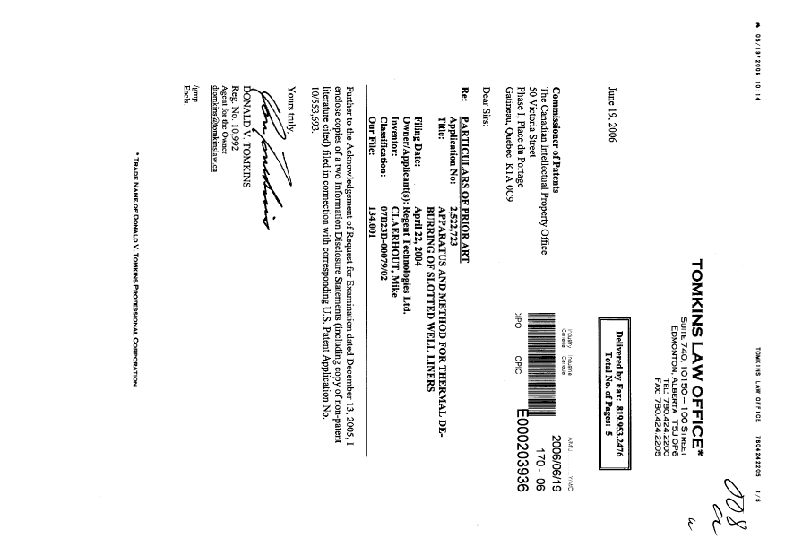 Canadian Patent Document 2522723. Prosecution-Amendment 20060619. Image 1 of 1