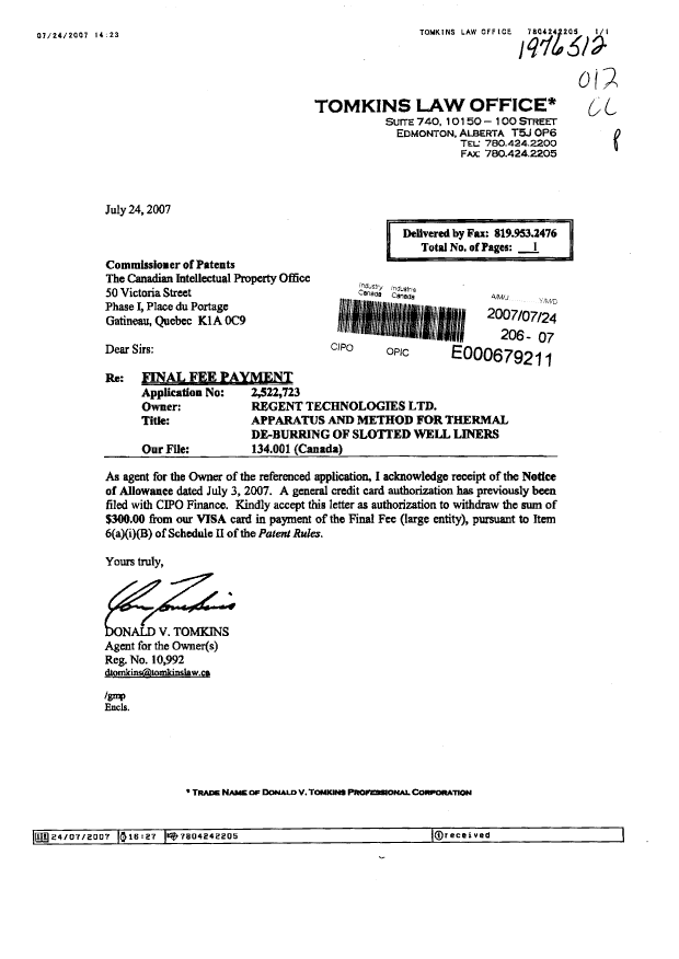 Document de brevet canadien 2522723. Correspondance 20070724. Image 1 de 1