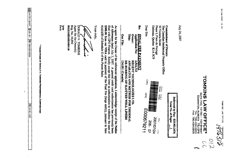 Canadian Patent Document 2522723. Correspondence 20070724. Image 1 of 1