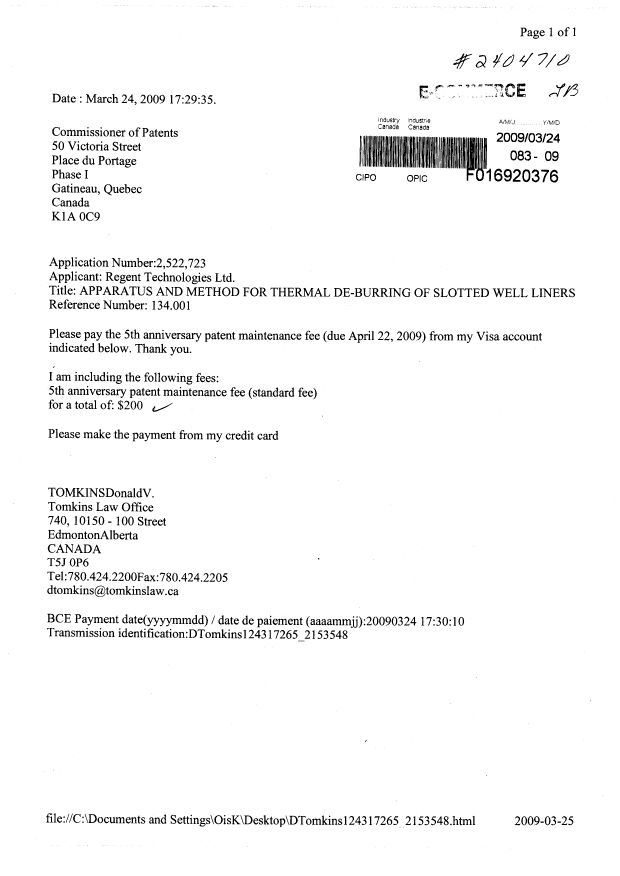 Document de brevet canadien 2522723. Taxes 20090324. Image 1 de 1