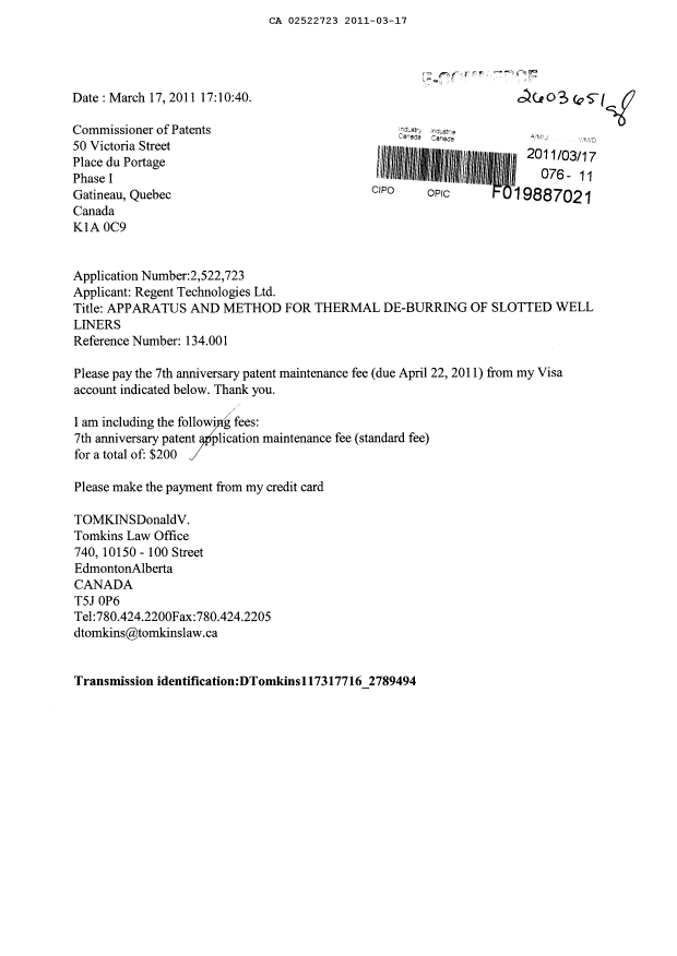 Document de brevet canadien 2522723. Taxes 20110317. Image 1 de 1