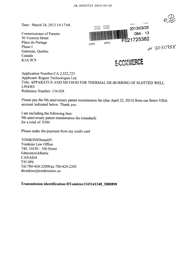 Document de brevet canadien 2522723. Taxes 20130325. Image 1 de 1
