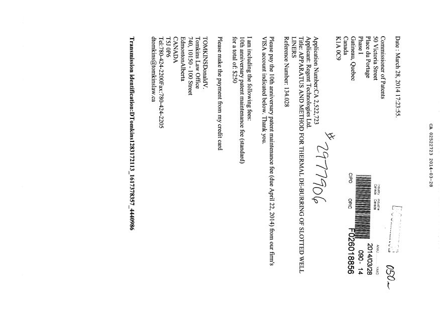 Canadian Patent Document 2522723. Fees 20140328. Image 1 of 1