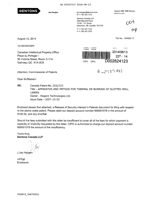 Document de brevet canadien 2522723. Cession 20140813. Image 1 de 4