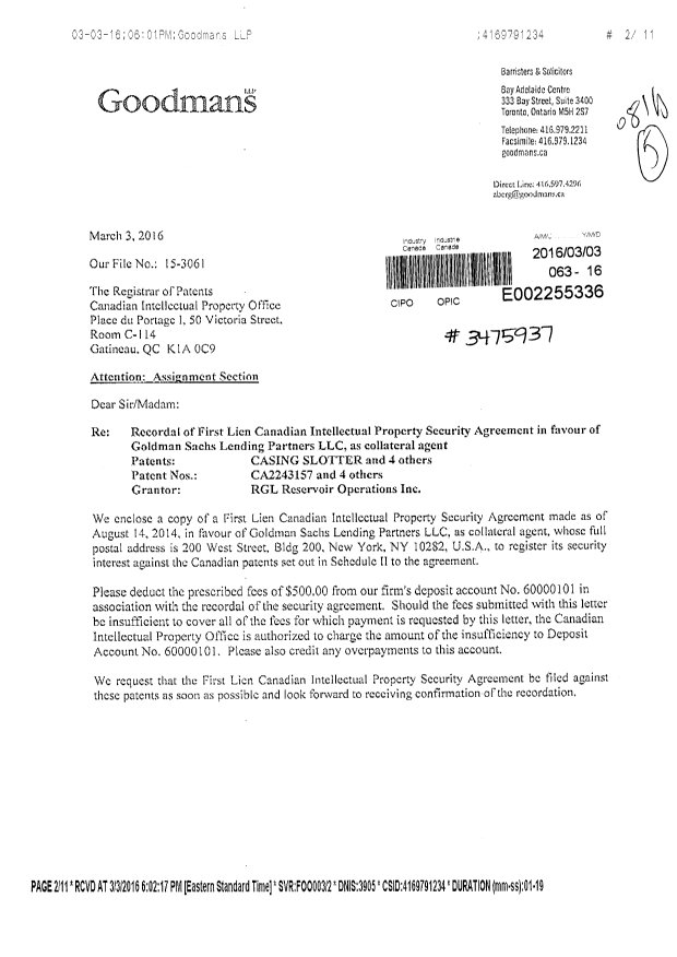 Document de brevet canadien 2522723. Cession 20160303. Image 1 de 11