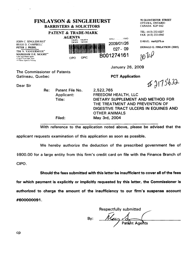 Canadian Patent Document 2522765. Prosecution-Amendment 20090126. Image 1 of 1