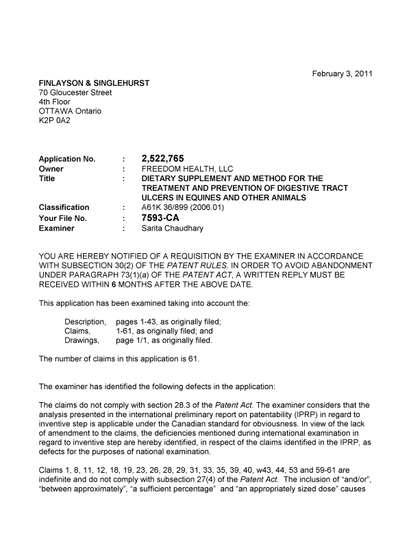 Canadian Patent Document 2522765. Prosecution-Amendment 20110203. Image 1 of 3