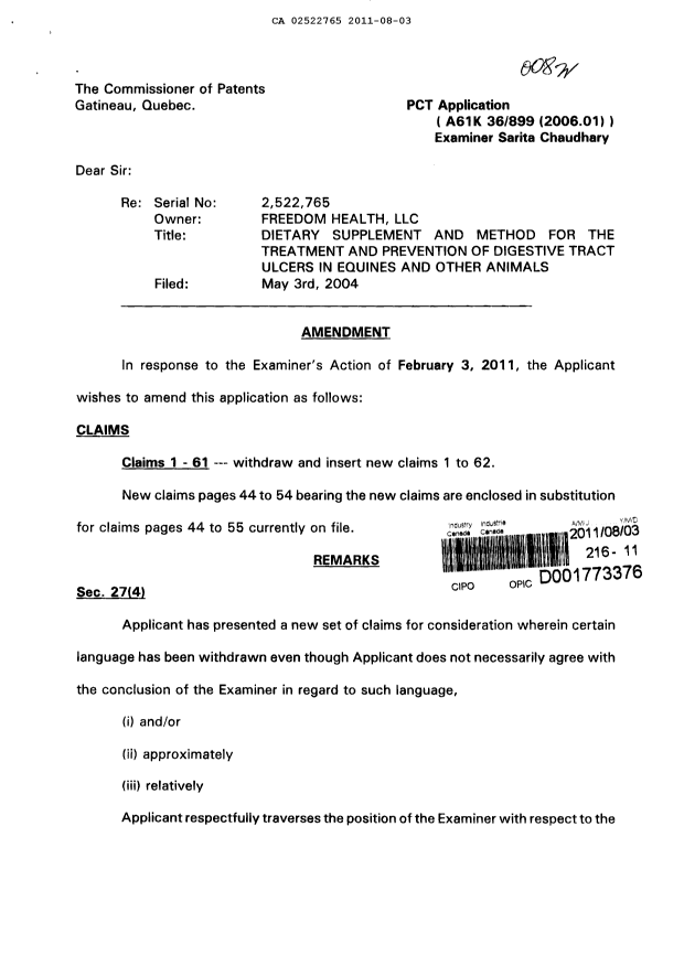 Canadian Patent Document 2522765. Prosecution-Amendment 20110803. Image 1 of 19