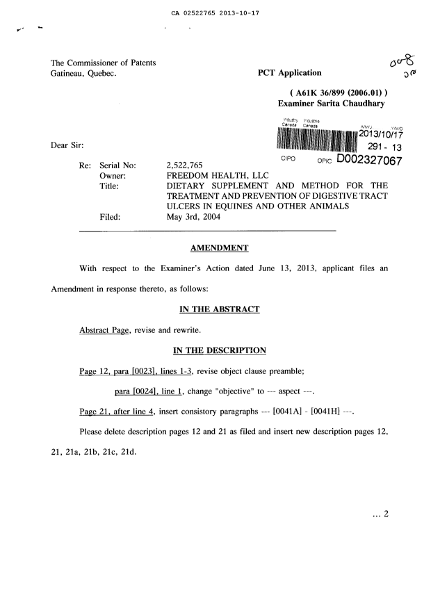 Canadian Patent Document 2522765. Prosecution-Amendment 20131017. Image 1 of 16