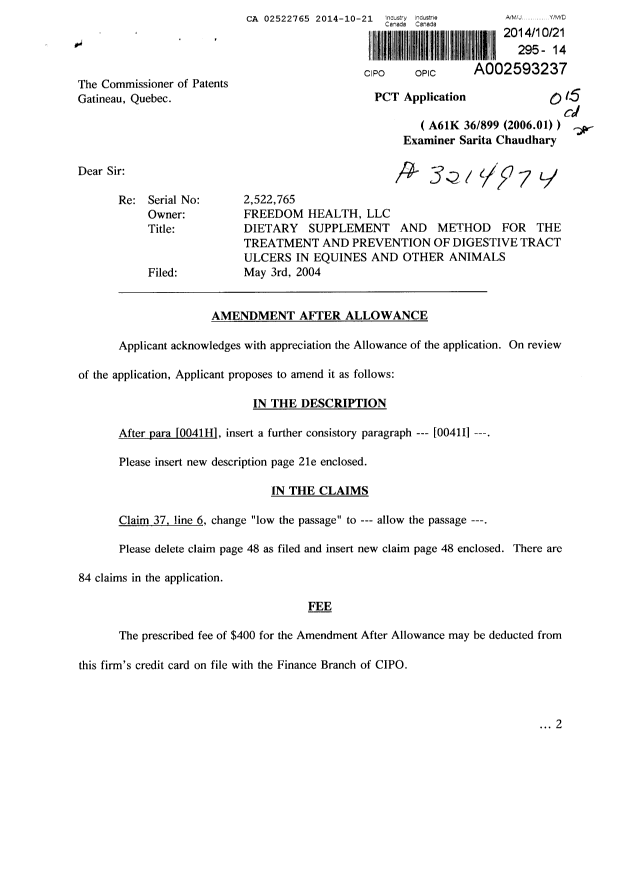 Canadian Patent Document 2522765. Prosecution-Amendment 20141021. Image 1 of 4