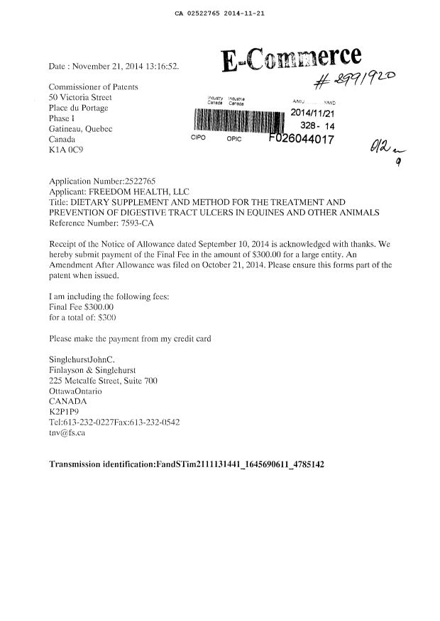 Canadian Patent Document 2522765. Correspondence 20141121. Image 1 of 1