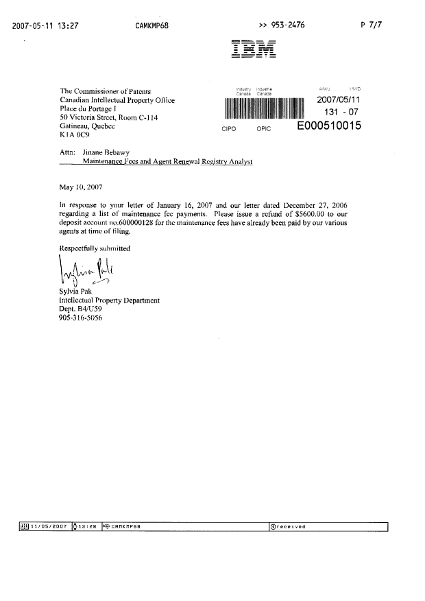 Canadian Patent Document 2522814. Correspondence 20070511. Image 1 of 3