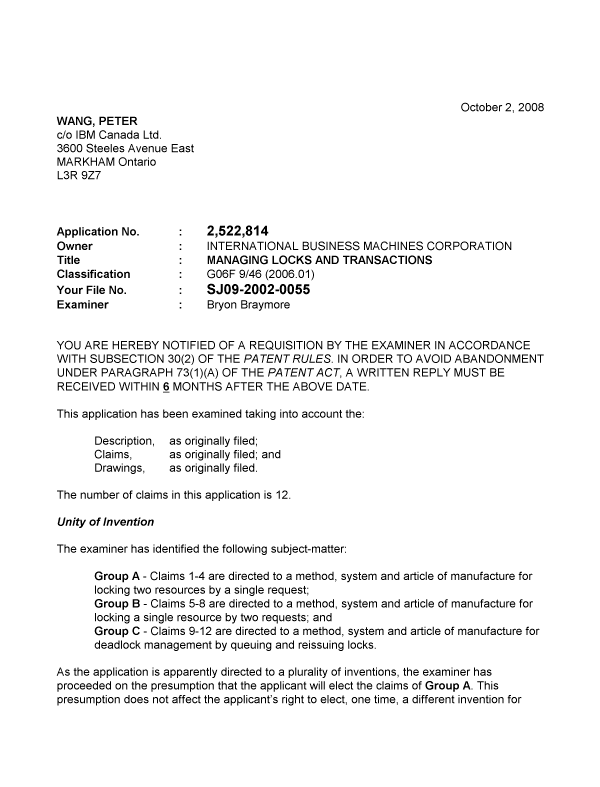 Canadian Patent Document 2522814. Prosecution-Amendment 20081002. Image 1 of 3