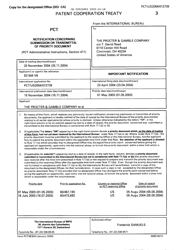 Document de brevet canadien 2522852. PCT 20051018. Image 1 de 4
