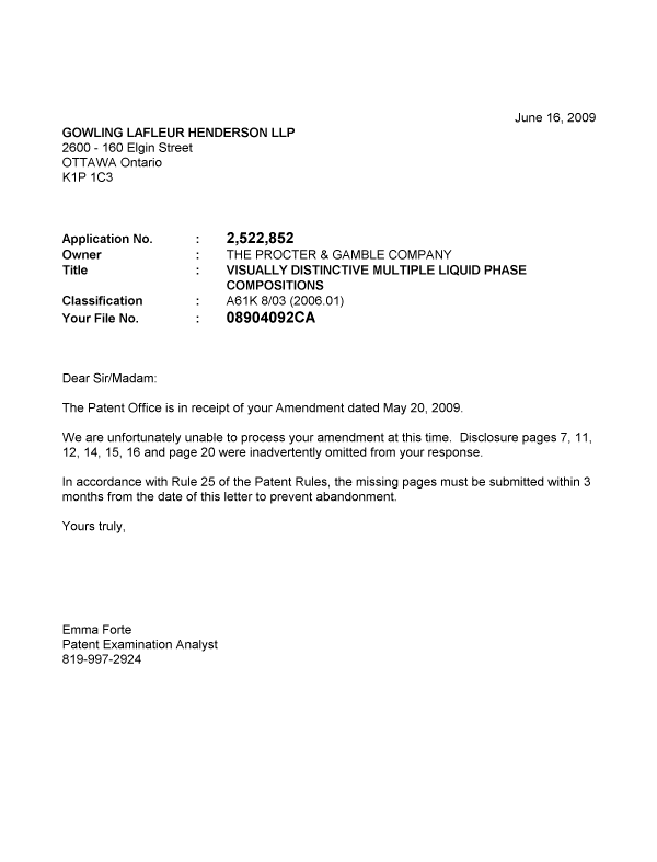Document de brevet canadien 2522852. Correspondance 20090616. Image 1 de 1