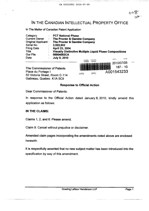 Document de brevet canadien 2522852. Poursuite-Amendment 20100705. Image 1 de 5