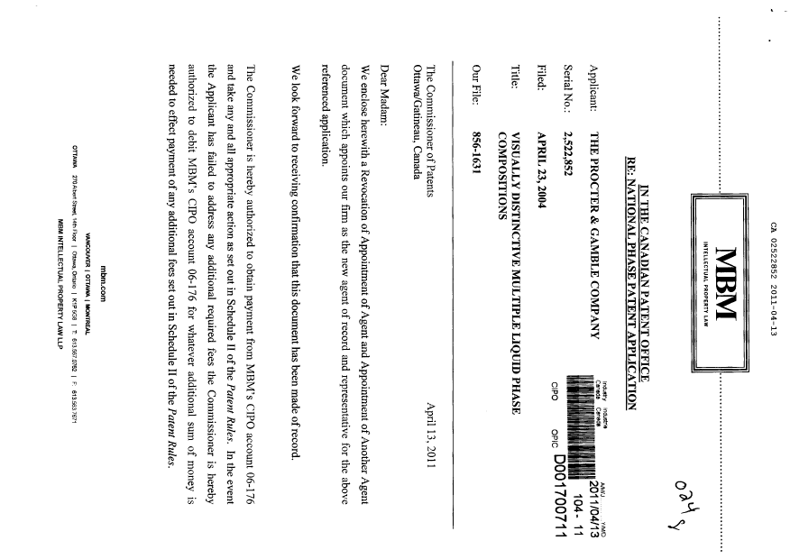 Canadian Patent Document 2522852. Correspondence 20110413. Image 1 of 3