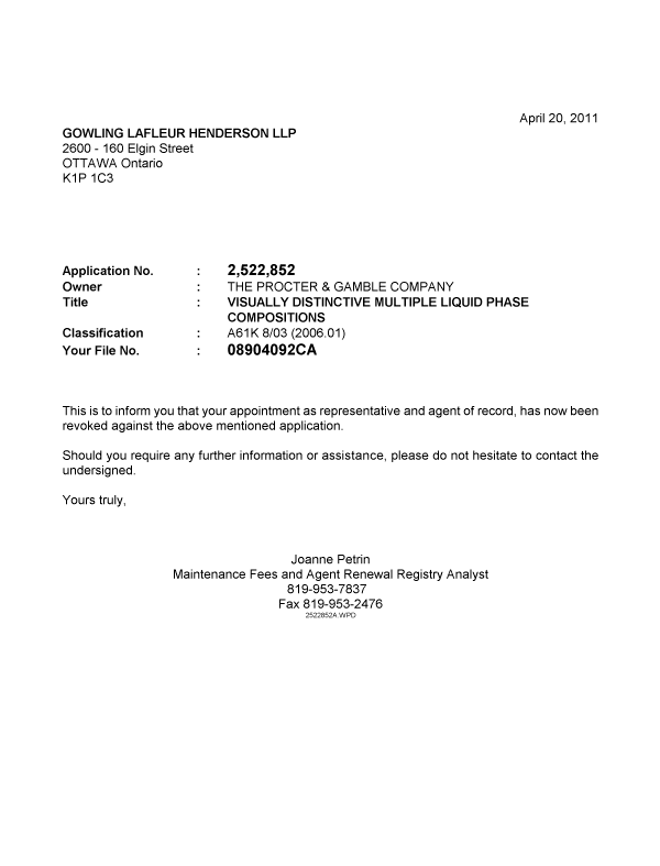 Document de brevet canadien 2522852. Correspondance 20110420. Image 1 de 1