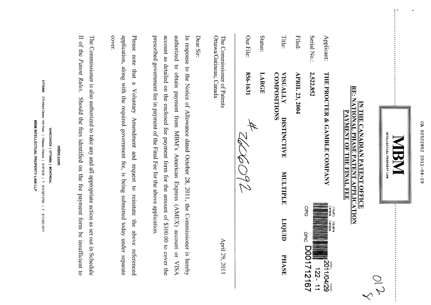 Canadian Patent Document 2522852. Correspondence 20110429. Image 1 of 2
