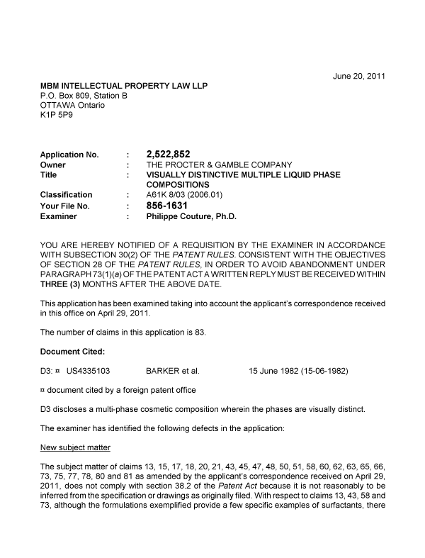 Document de brevet canadien 2522852. Poursuite-Amendment 20110620. Image 1 de 4