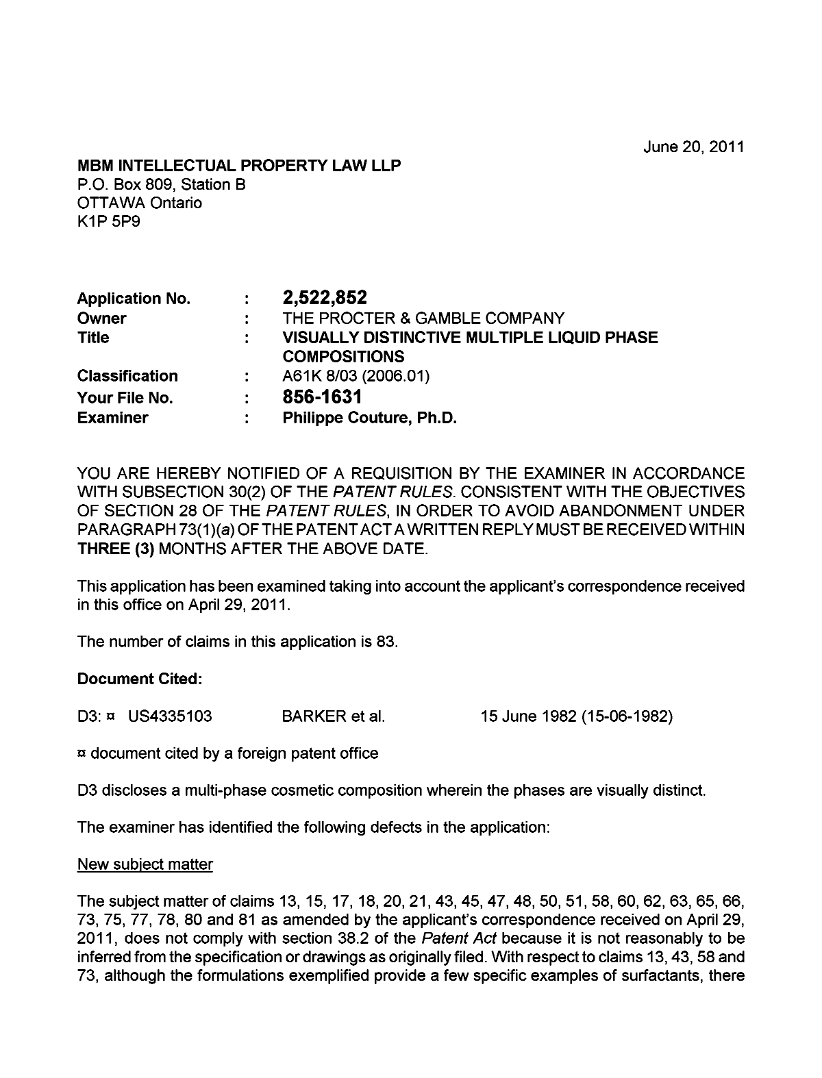 Canadian Patent Document 2522852. Prosecution-Amendment 20110620. Image 1 of 4