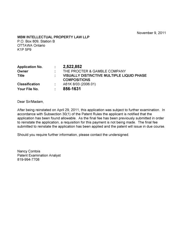 Document de brevet canadien 2522852. Correspondance 20111109. Image 1 de 1