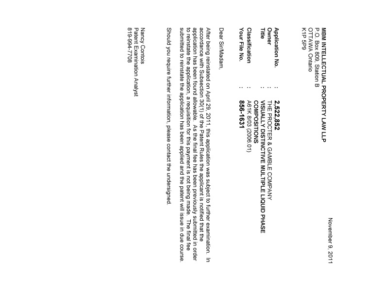 Canadian Patent Document 2522852. Correspondence 20111109. Image 1 of 1