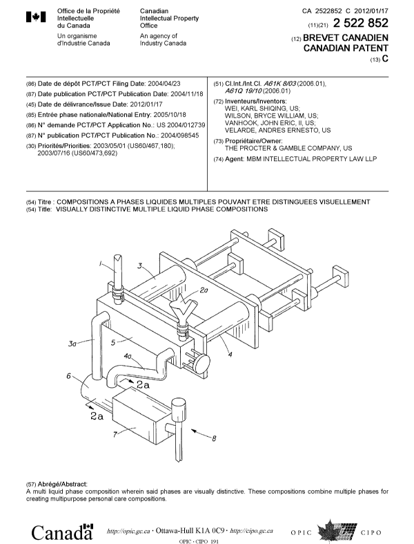 Document de brevet canadien 2522852. Page couverture 20111214. Image 1 de 1