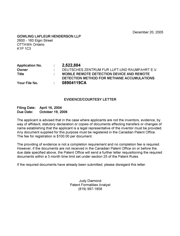Document de brevet canadien 2522884. Correspondance 20051214. Image 1 de 1