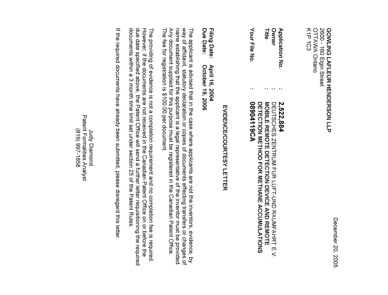 Canadian Patent Document 2522884. Correspondence 20051214. Image 1 of 1
