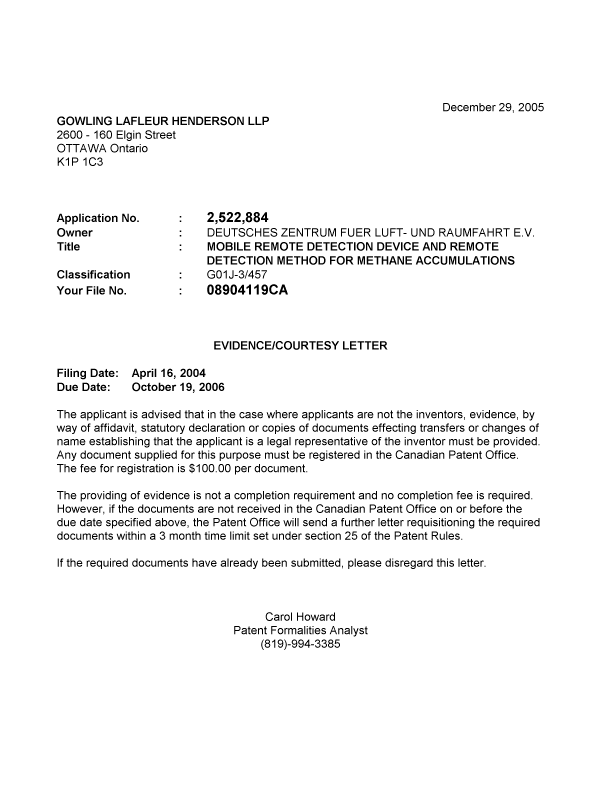 Document de brevet canadien 2522884. Correspondance 20051229. Image 1 de 1