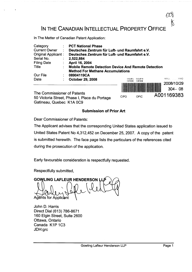 Document de brevet canadien 2522884. Poursuite-Amendment 20081029. Image 1 de 1