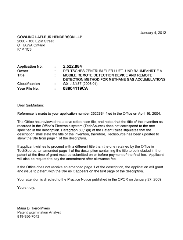 Document de brevet canadien 2522884. Correspondance 20120104. Image 1 de 1