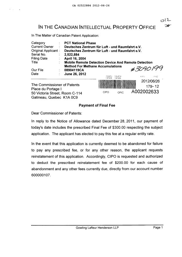 Document de brevet canadien 2522884. Correspondance 20120626. Image 1 de 2
