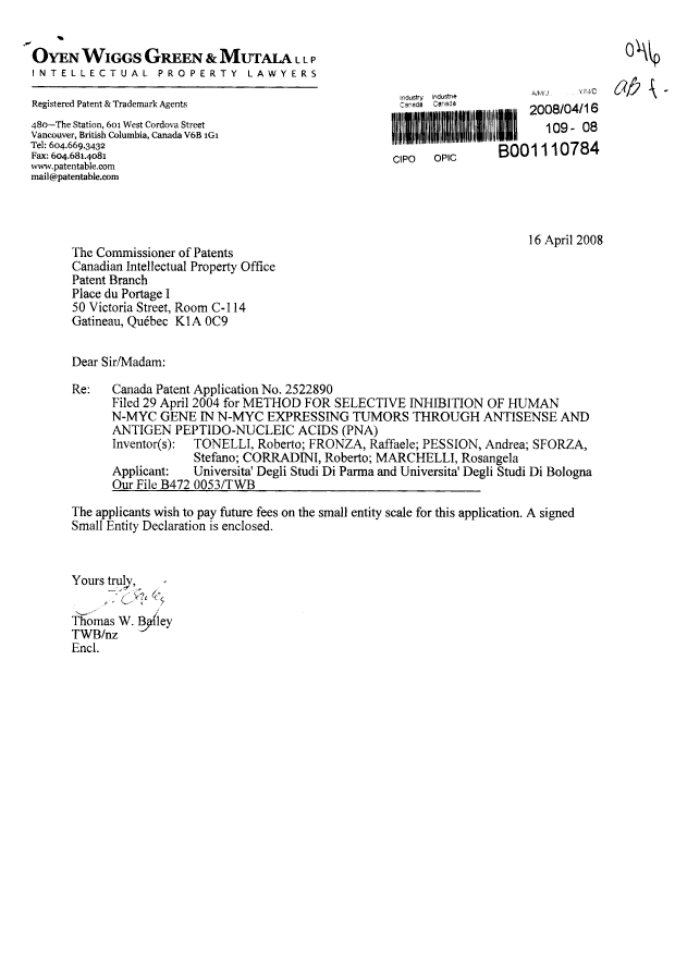Canadian Patent Document 2522890. Correspondence 20080416. Image 1 of 2