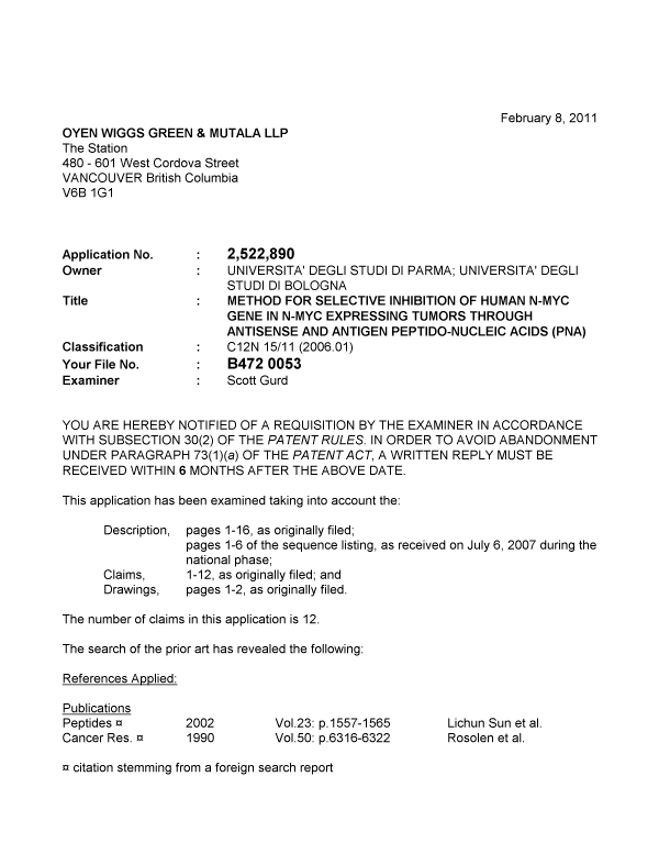Canadian Patent Document 2522890. Prosecution-Amendment 20110208. Image 1 of 4