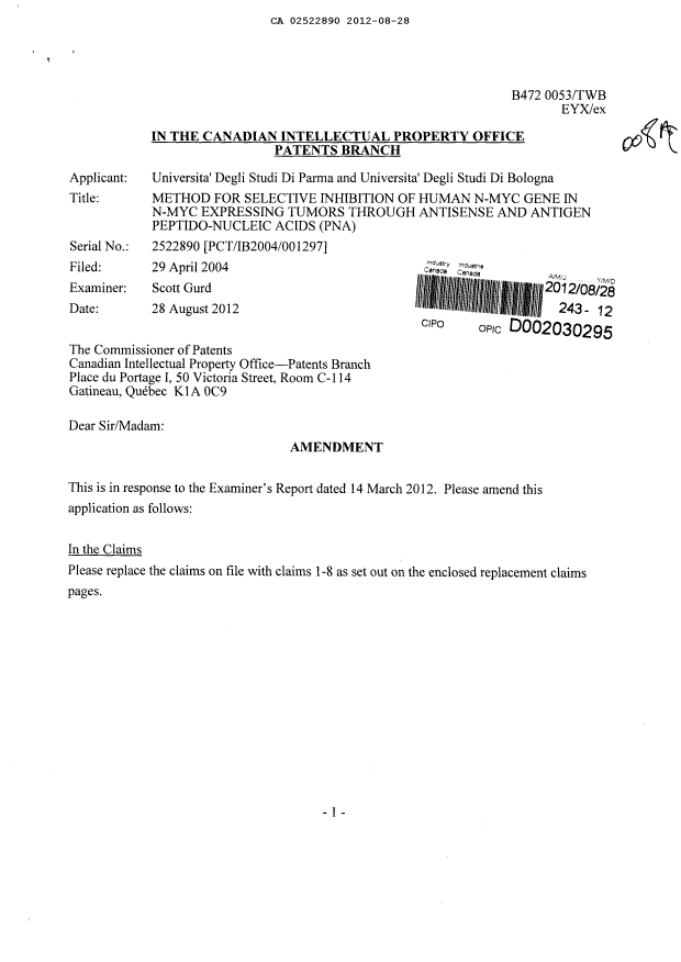 Canadian Patent Document 2522890. Prosecution-Amendment 20120828. Image 1 of 7
