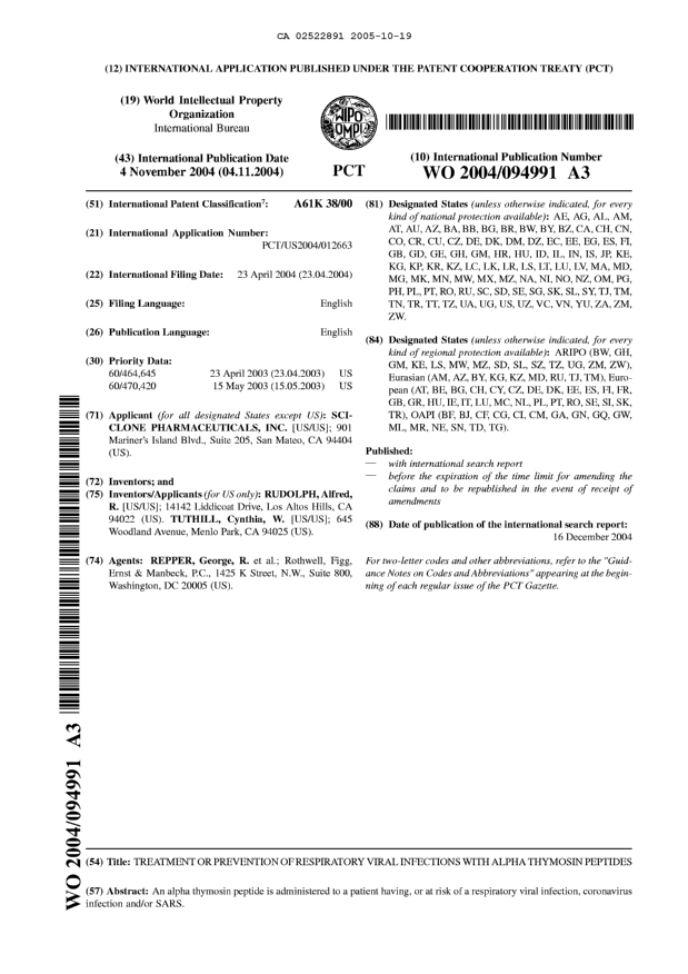 Document de brevet canadien 2522891. Abrégé 20051019. Image 1 de 1
