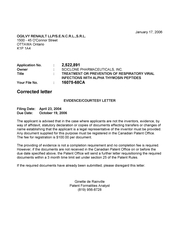 Document de brevet canadien 2522891. Correspondance 20060302. Image 1 de 1