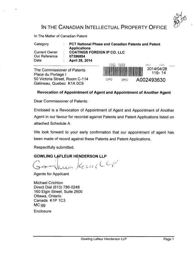 Canadian Patent Document 2522907. Correspondence 20140428. Image 1 of 5