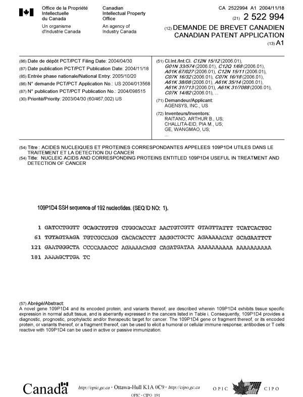 Canadian Patent Document 2522994. Cover Page 20060116. Image 1 of 2