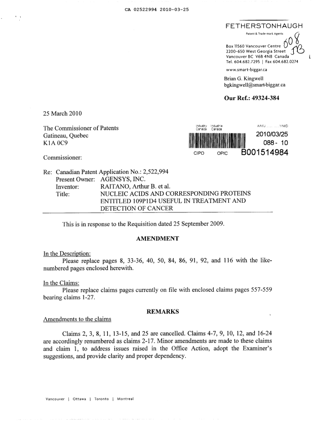 Canadian Patent Document 2522994. Prosecution-Amendment 20100325. Image 1 of 18