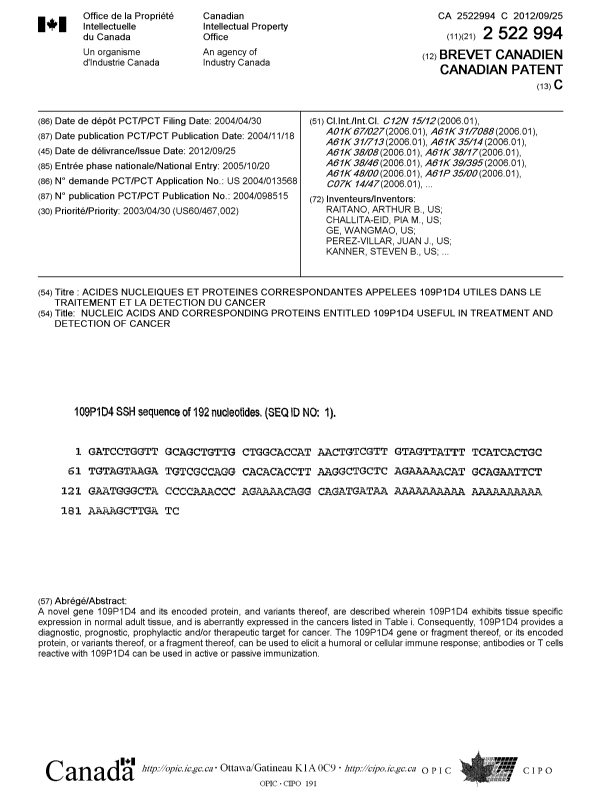 Canadian Patent Document 2522994. Cover Page 20120828. Image 1 of 2