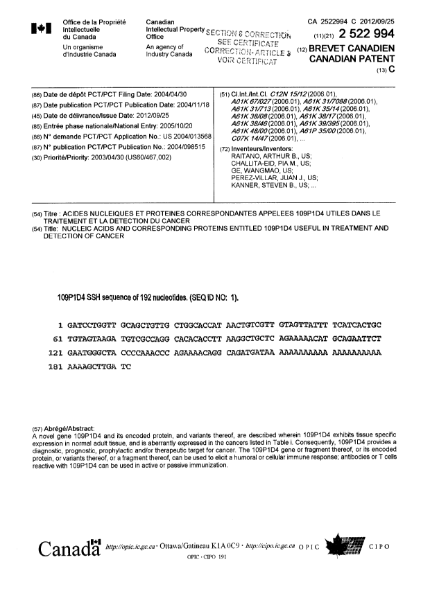 Canadian Patent Document 2522994. Cover Page 20130322. Image 1 of 6